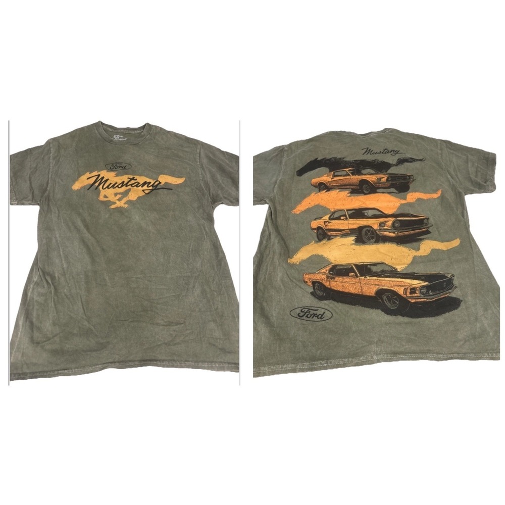 Mustang Shirt Mens Medium Hunter Green Orange Graphic Ford Car Racing T-Shirt